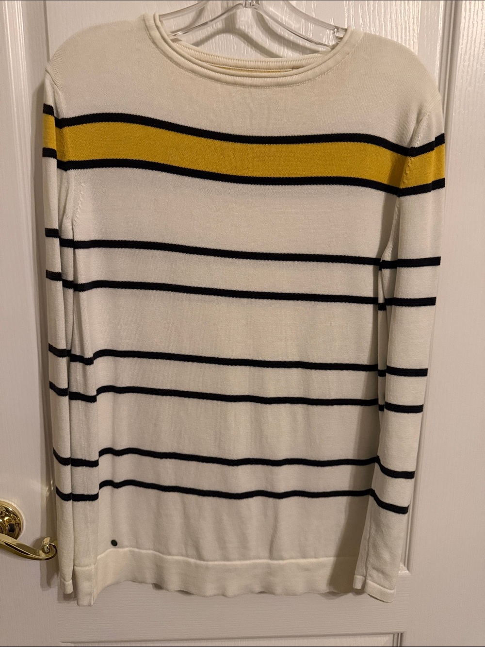 Barbour Cream Crewneck Sweater with Navy Stripes and Yellow Accent